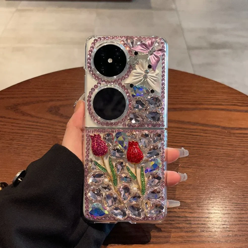 Чехол с бриллиантами в виде бабочки и розы для Huawei P50 Pocket Роскошный чехол телефона