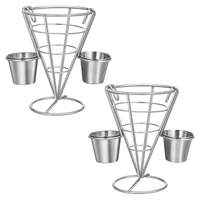 hemoton 2pcs french fries stand cone baskets fry holders with 2 dip dishes snack appetizer serving rack food display wire