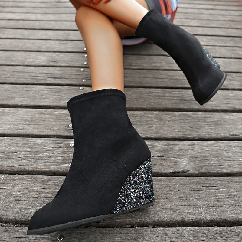 2024 Дизайнерские женские ботильоны на танкетке замшевая обувь каблуке зимние