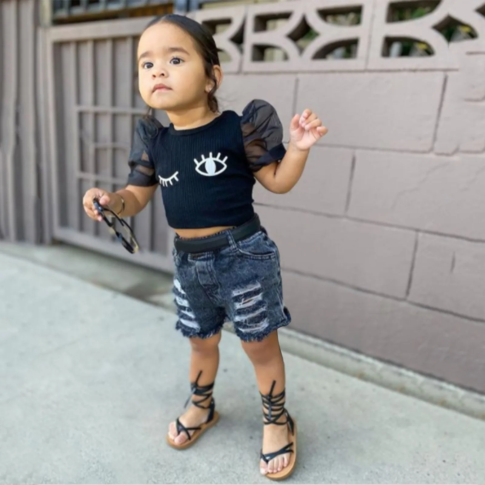 Модный комплект детской одежды для девочек Футболка с рукавами из тюля в рубчик