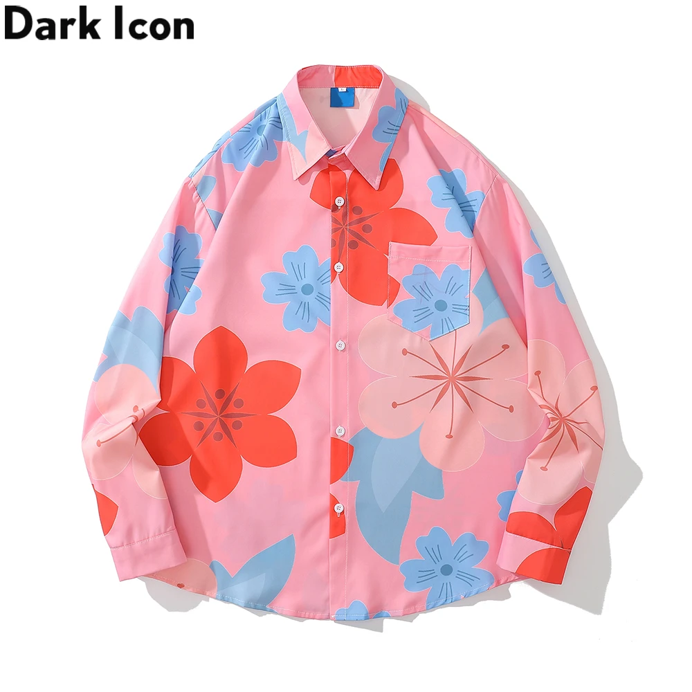 

Dark Icon Floral Oversized Men's Shirt Long Sleeve Loose Style Man Blouse