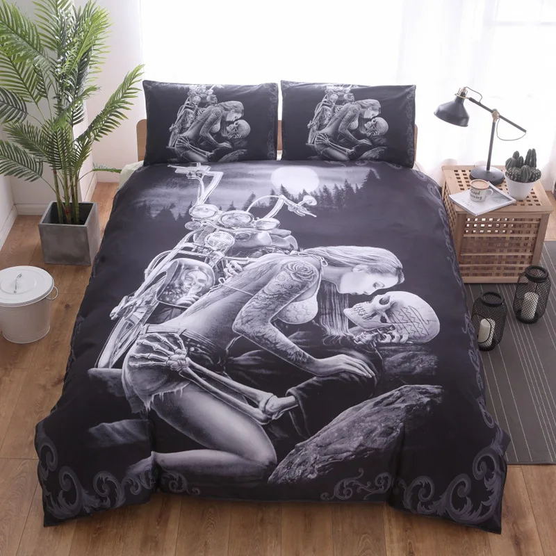 Skull Duvet Cover Soft Gothic Bedding Set Queen Size Decor Microfiber Beautiful Girl And Skeleton Comforter Cover Pillowcases
