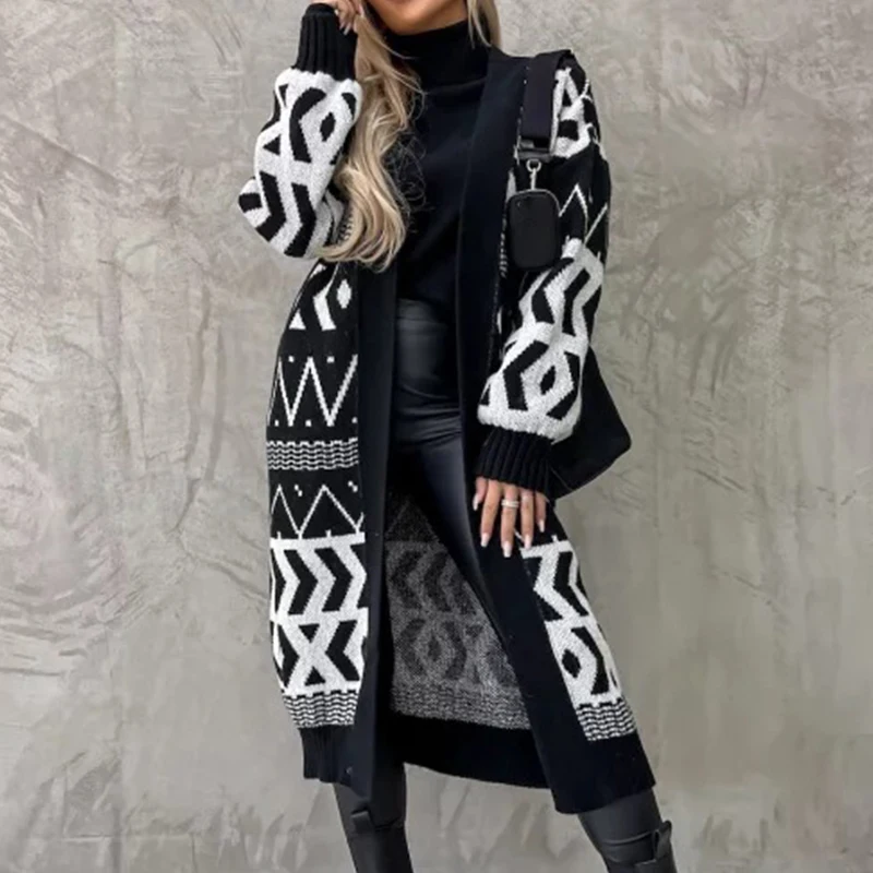 

Женский Теплый кардиган с длинным рукавом, повседневный длинный вязаный кардиган свободного покроя с геометрическим узором, универсальный, осень