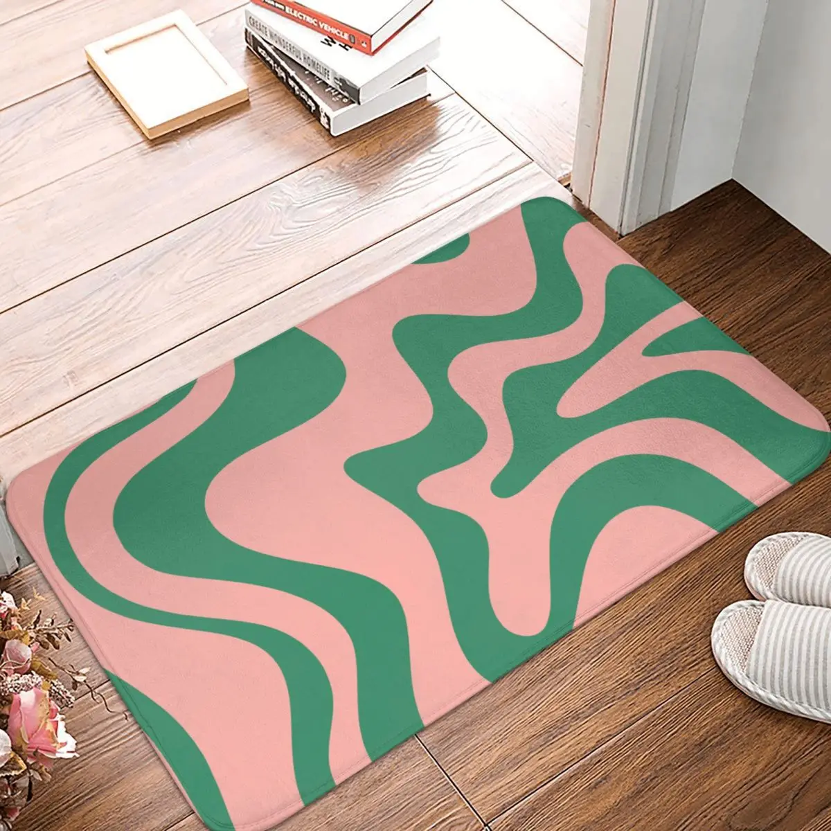

Swirl Pattern Bedroom Mat Liquid Swirl Contemporary Pink Green Doormat Flannel Carpet Entrance Door Rug Home Decor