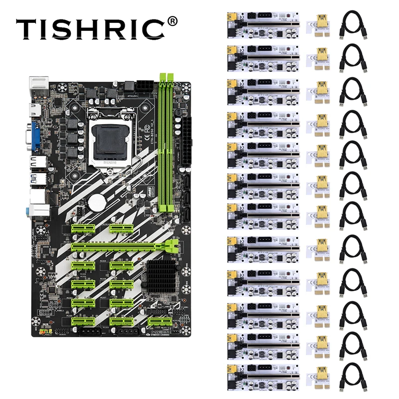

Материнская плата TISHRIC B250C/B250 BTC для майнинга, 12 PCIE Райзер для видеокарты, Райзер 009s LGA 1151 DDR4 RAM для майнинга биткоинов ETH