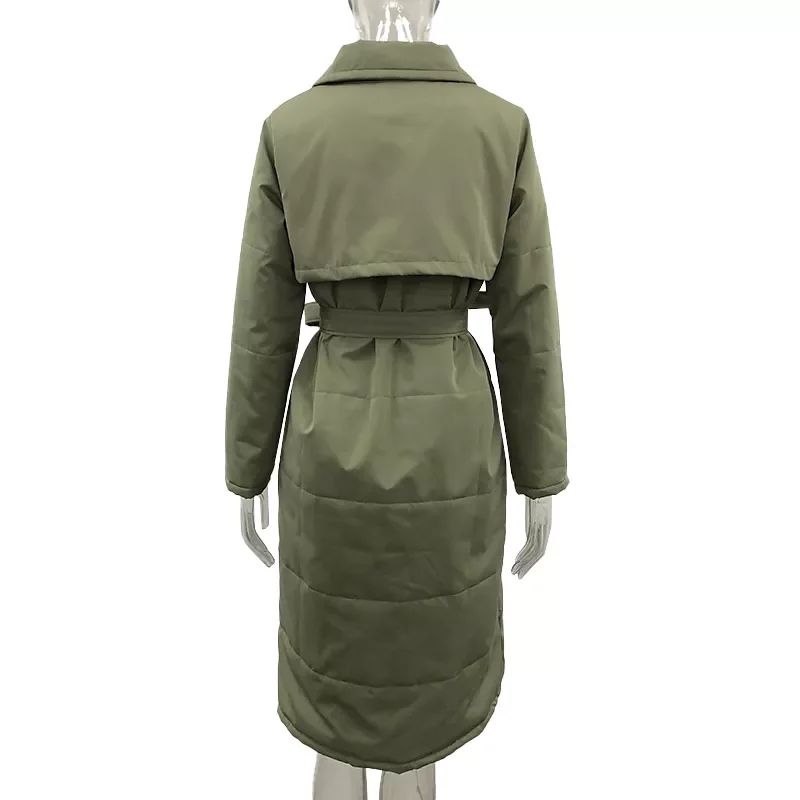 New2022 Long Turn Down Collar Parkas Women Fashion Double Breasted Coats Women Elegant Tie Belt Cotton Jackets Female Ladies
