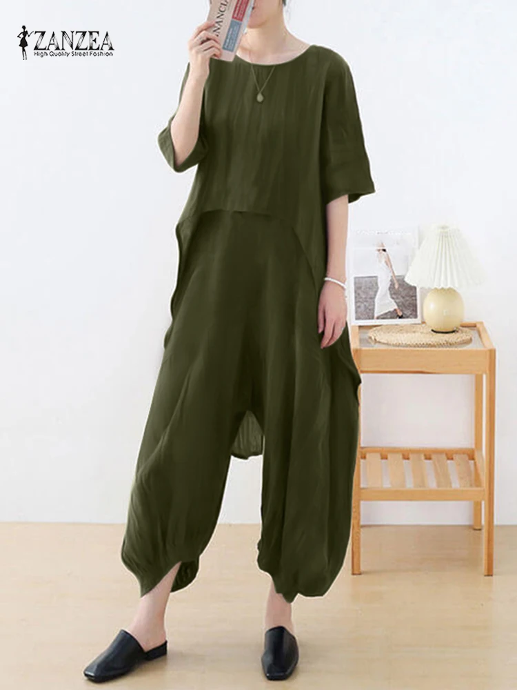 

ZANZEA 2PCS Summer Urban Tracksuit Solid Women Casual Loose Asymmetrical Sets Loose Outifits Wide Leg Pants Sets Matching Sets