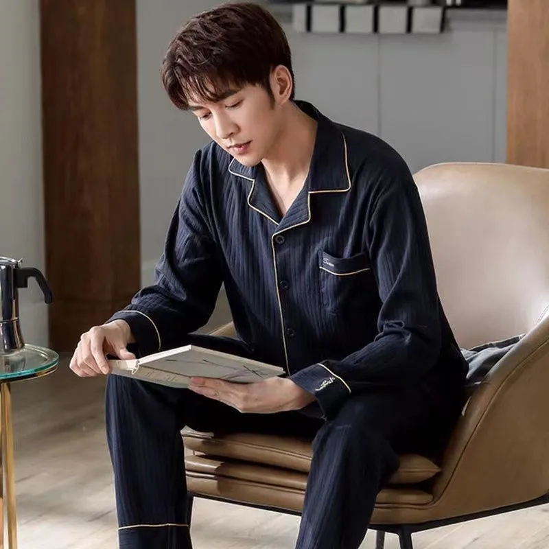 Autumn Men's Pure Cotton Pajamas Sets Plus Size L-4XL  Sleepwear Casual Sleep&Lounge Long Sleeve Long Pants Pyjamas Homewear