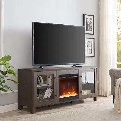 

Rectangular TV Stand for TV's up to 80" in Black Grain, Fireplace TV Stands for the Living Room