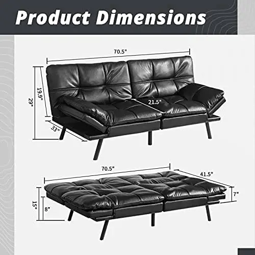 

Futon Bed, Faux Leather Sofa Couch with Memory Foam, Modern Convertible Sleeper Daybed with Adjustable Armrests for Studio, Apar