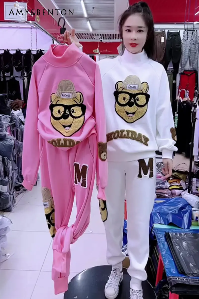 

Новинка Осень-зима толстовка с высоким воротником и брюки модный костюм женский утепленный повседневный костюм из двух предметов с флисово...