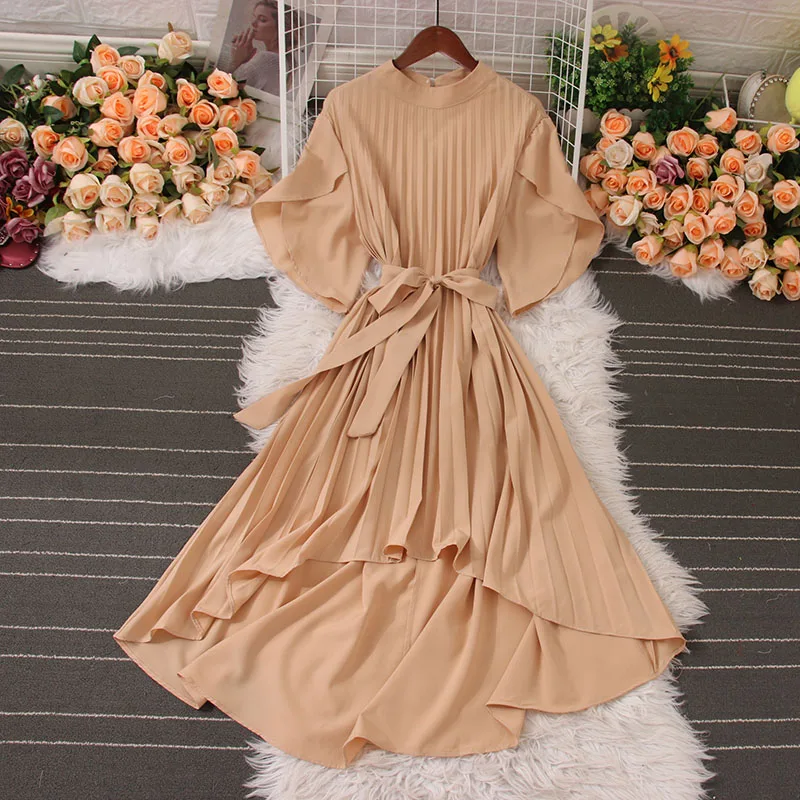 

Новое летнее Дешевое повседневное женское платье, винтажные плиссированные летающие рукава, красные женские платья средней длины со шнуровкой, платья для женщин