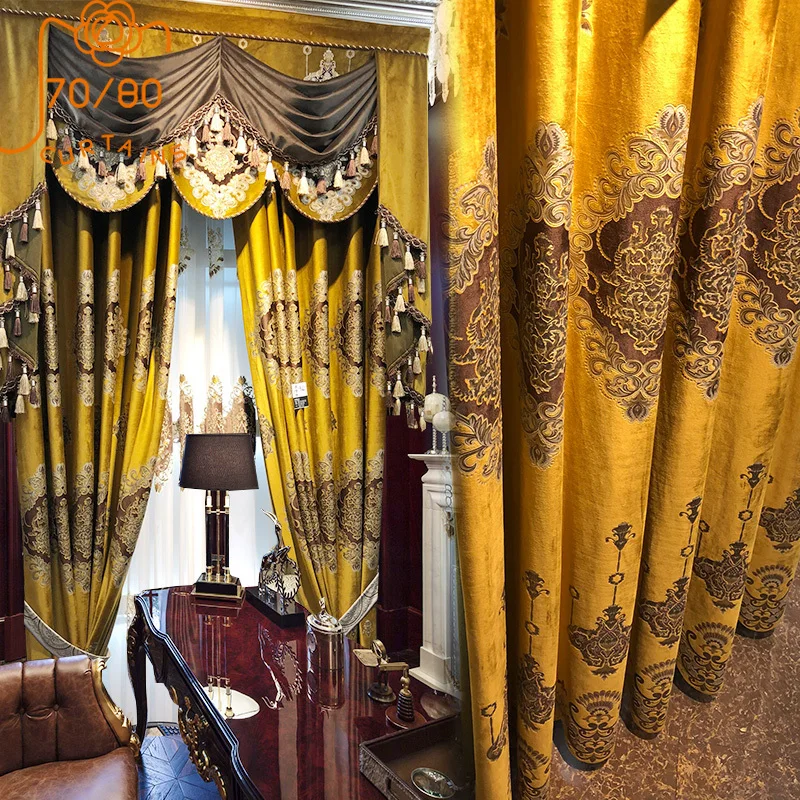 European Luxury Palace Golden Embroidered Velvet Blackout Curtains for Living Room and Bedroom Finished Products Customization