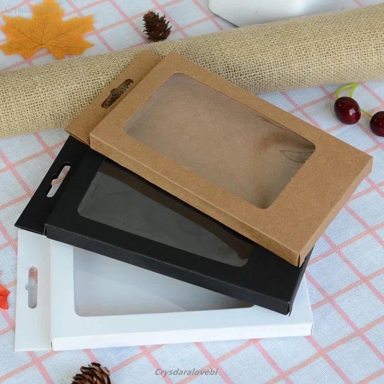 

4 Sizes Black Kraft Paper Box with Pvc Window for Mobile Phone Case Universal Phone Box Retail Phone Case Packaging Box