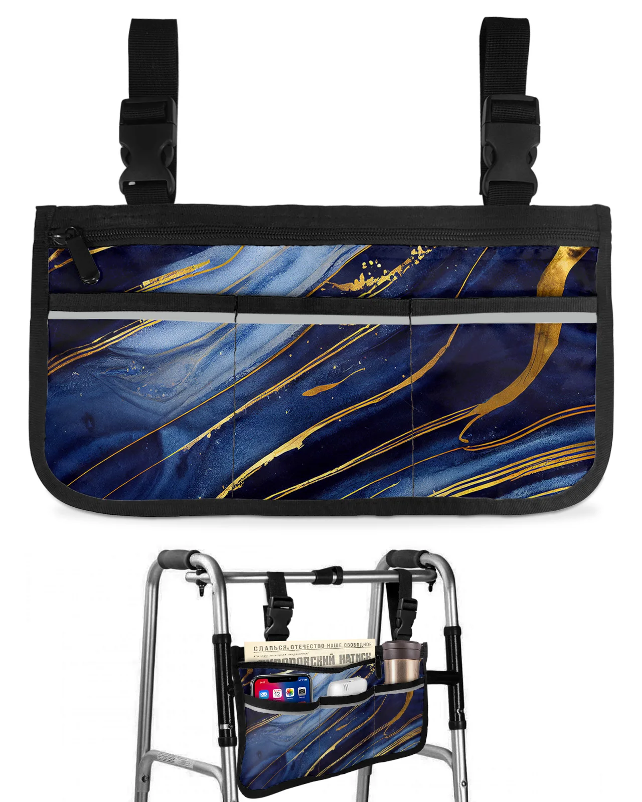 

Синяя сумка для инвалидных колясок с мраморной текстурой, с карманами, светоотражающими полосками, подлокотники, боковые сумки, сумка для хранения для электрического скутера