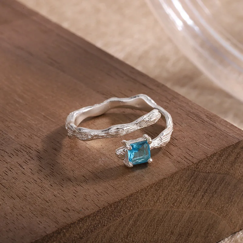 

XSLJIAMEI S925 Sterling Silver Irregular Marine Blue Zircon Opening Ring Women's Luxury Premium Jewelry Gift