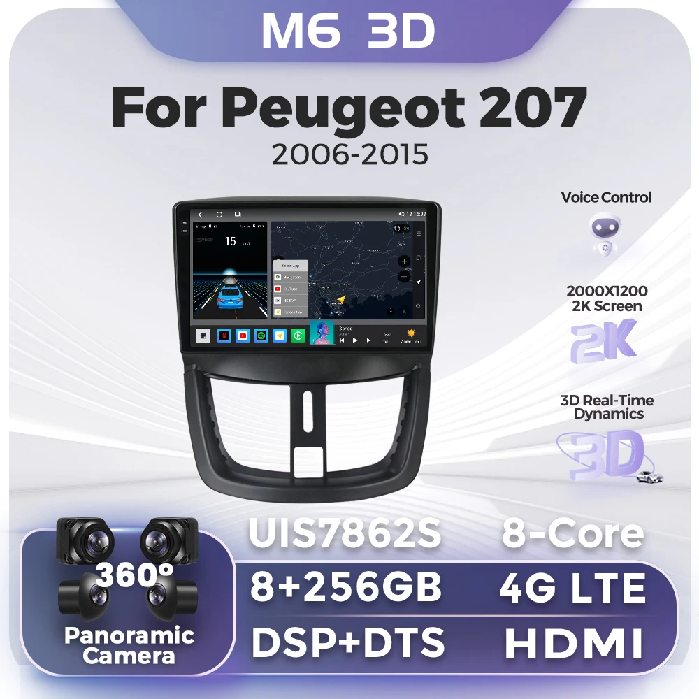 

Автомобильный радиоприемник 2DIN, беспроводной автомобильный мультимедийный плеер Carplay, Android, все в одном для Peugeot 207 2006-2015, 4G + 5G, Wi-Fi, GPS-навигация