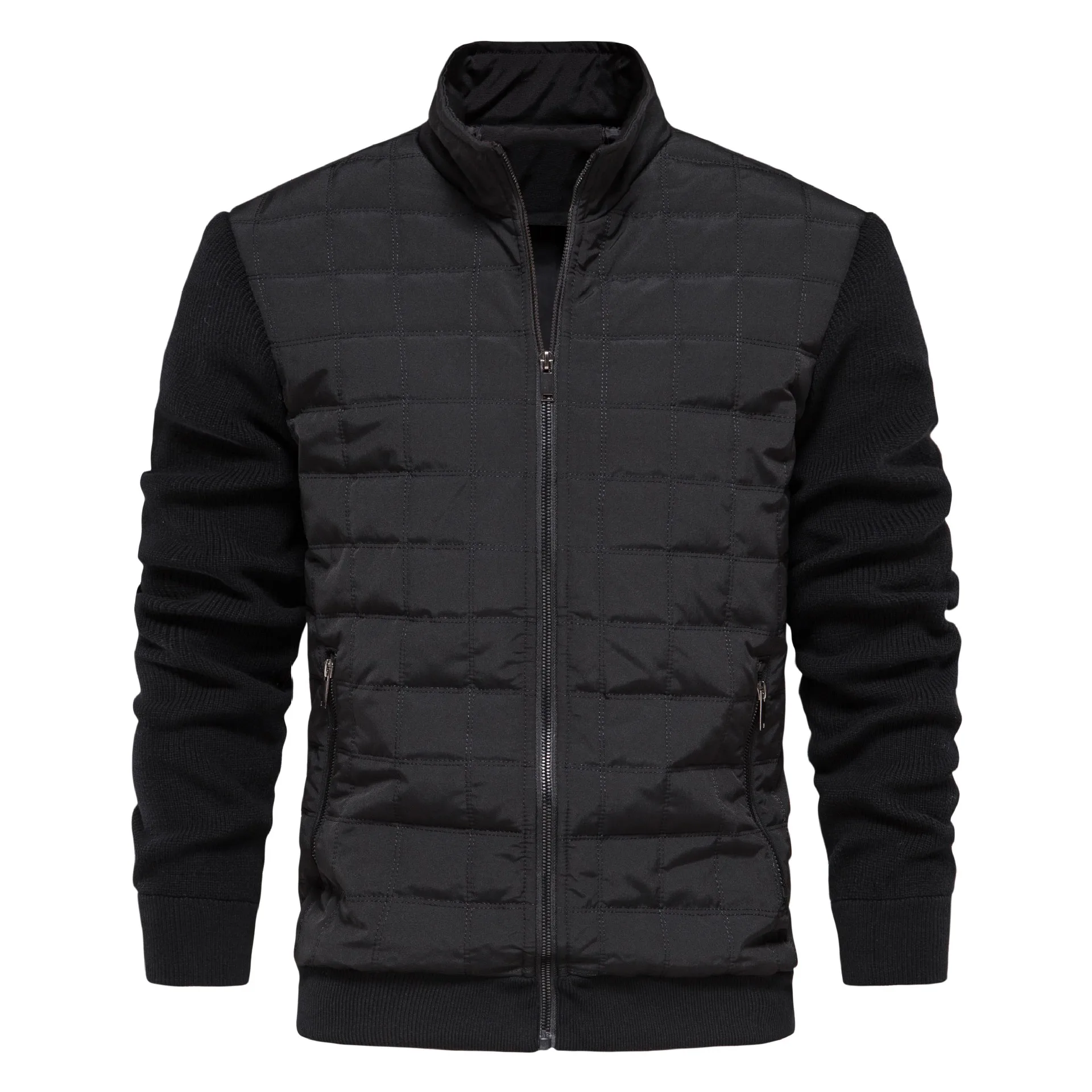 LUCLESAM Men's Stand Collar Jackets Stitching Knitted Sleeve Zipper Cotton Coats Winter New Business Casual Men Warm Clothing