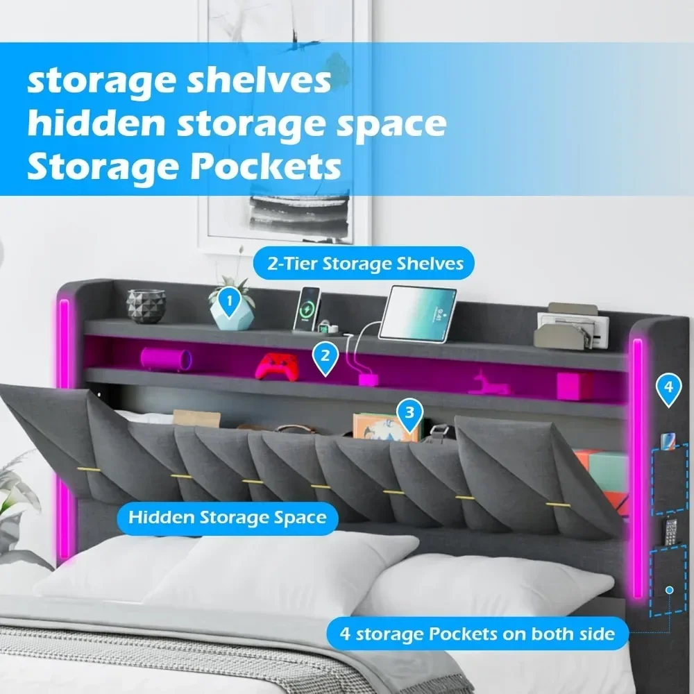 Кровати большого размера с изголовьем кровати и скрытым пространством для