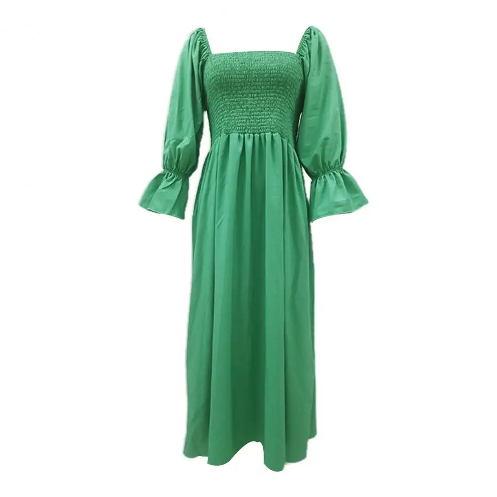 

Stylish Casual Dress Elastic Chest Wrap Lantern Long Sleeve Skin-Touching Low Cut Square Collar Casual Dress