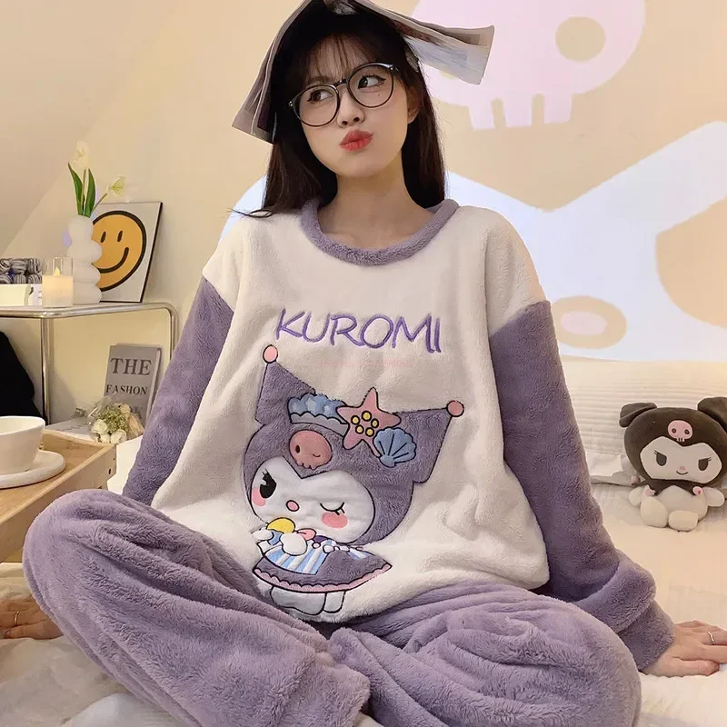 

Sanrio Winter Cartoon Pajama Set Women Pyjamas Plaid Flannel Loung Sleepwear Girl Pijama Mujer Suits Homewear Christmas Gifts