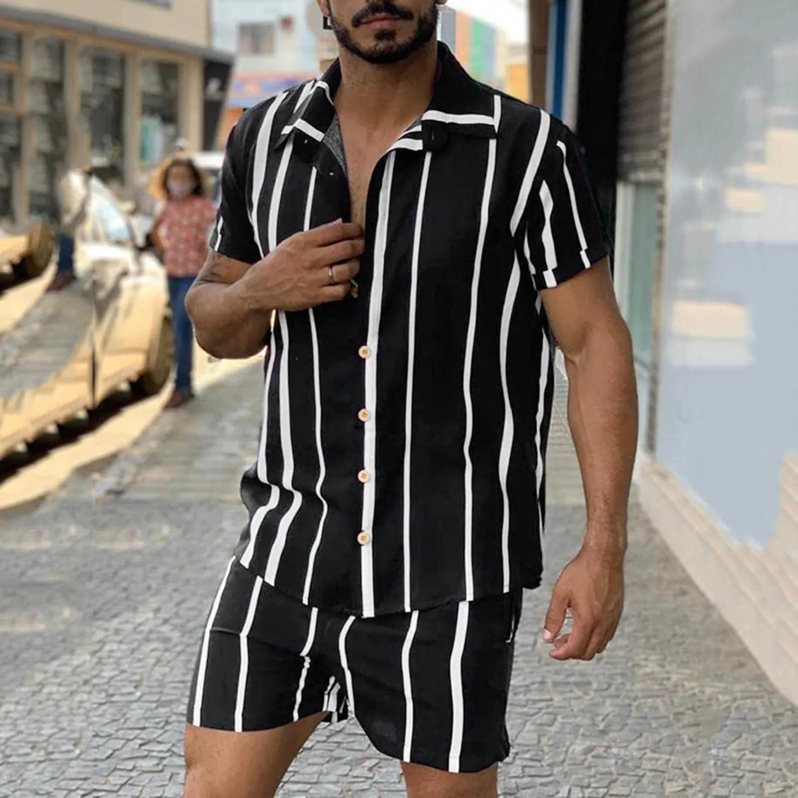 

Men's Stripe Shirt Shorts Tracksuit Short Sleeve Button T Shirts Top Loose Baggy Board Shorts 2022