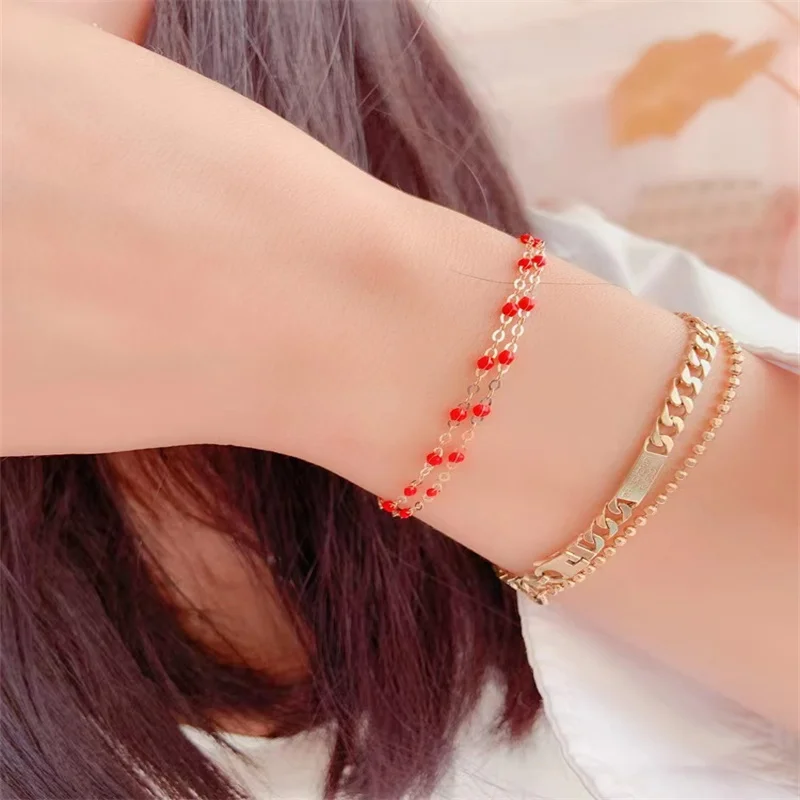 

South Korea Dongdaemun new red zircon crystal beaded double bracelet gem walking shake tassel chain Lolita jewelry
