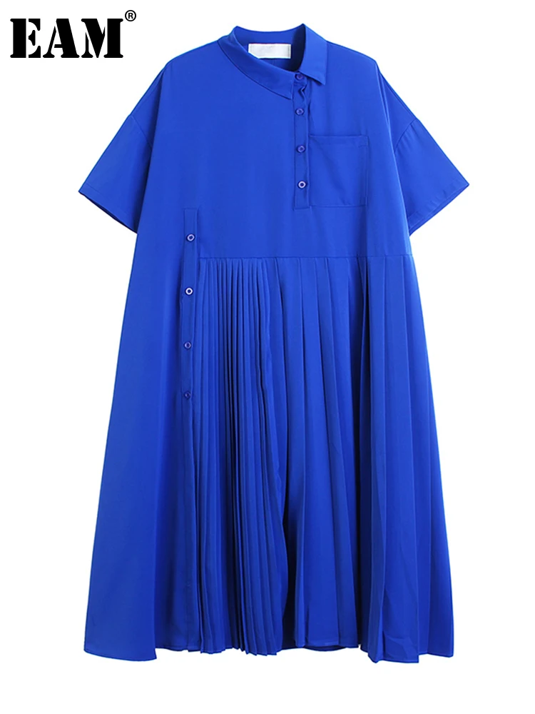 

[EAM] Women Blue Irregular Pleated Big Size Shirt Dress New Lapel Short Sleeve Loose Fit Fashion Tide Spring Summer 2022 1DE8038
