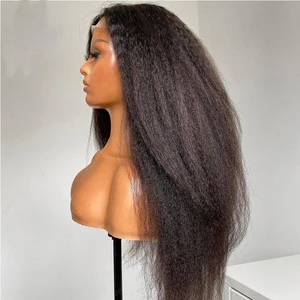 Middle Part Yaki Preplucked 26 inch Long Kinky Straight Natural Black Lace Front Wigs For Women Babyhair Glueless Daily Soft