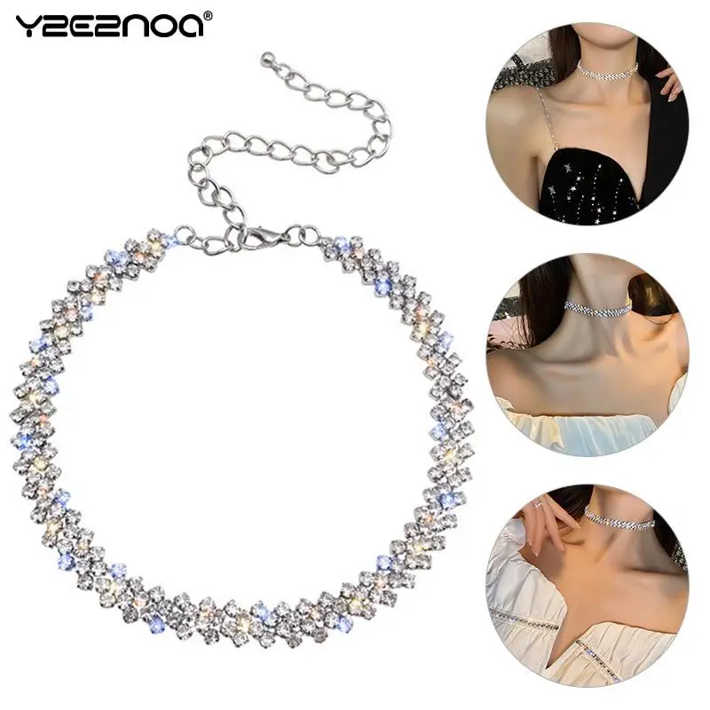 

Korean Crystal Rhinestone Choker Necklace Jewelry, Copper Inlaid Zircon Luxury Shiny Necklace Sexy Women Wedding Accessories