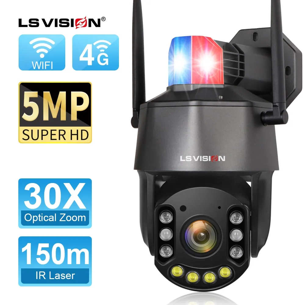 

LS VISION Outdoor IP Camera 5MP 4G Sim Card WIFI Auto Tracking 30X Optical Zoom PTZ Two Way Audio IR 150m Surveillance Camera