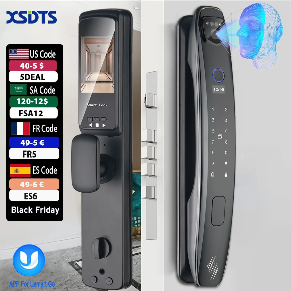 3D Face Smart Door Lock Security Camera Monitor Intelligent Fingerprint Password Biometric Electronic Key Unlock Usmart Go