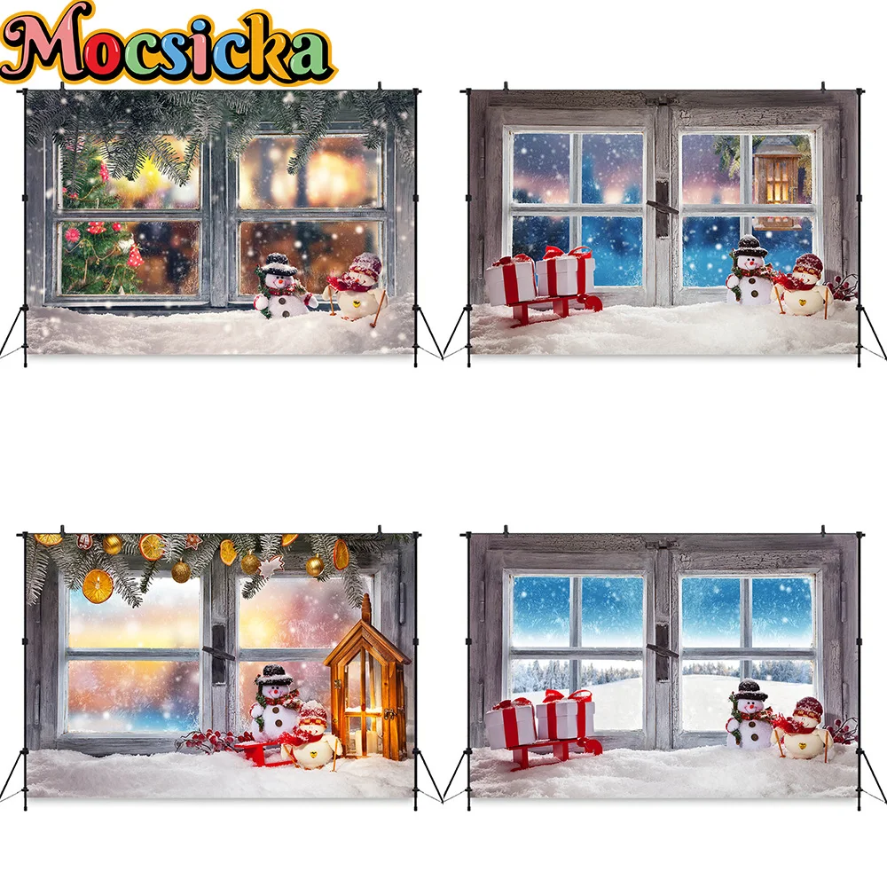 

Winter Christmas Window Landscape Photography Backdrop Snowflake Snowman Gift Background Children Family Party Photobooth Prop