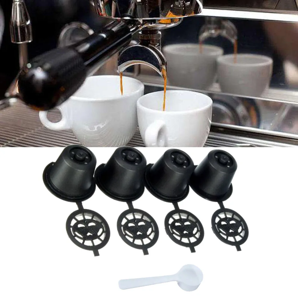 

4pcs Coffee Capsule Cups Reusable Refillable Coffee Capsules Filter With Cup Pods Spoon For Nespresso Q4X8 Gift Coffeeware
