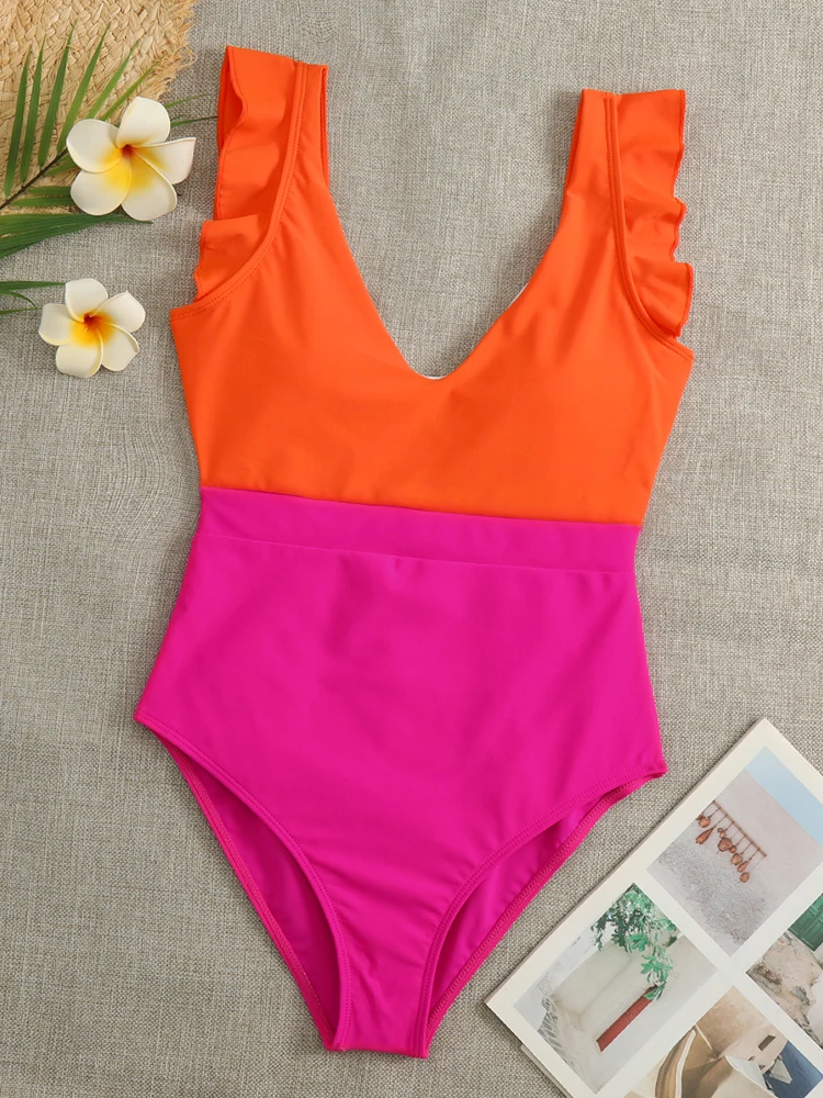 Цельный купальник женский с v-образным вырезом и рюшами новинка 2024 сексуальный