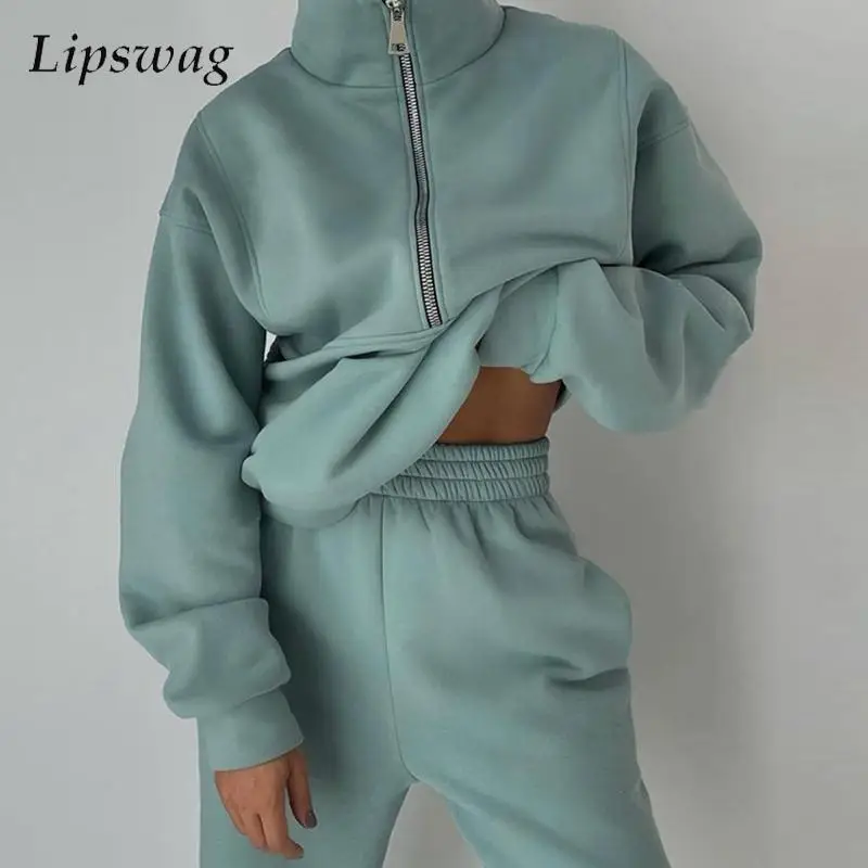 

Модный пуловер на молнии и брюки-карандаш, Осенний женский спортивный костюм, повседневные женские однотонные брюки с эластичным поясом, ко...