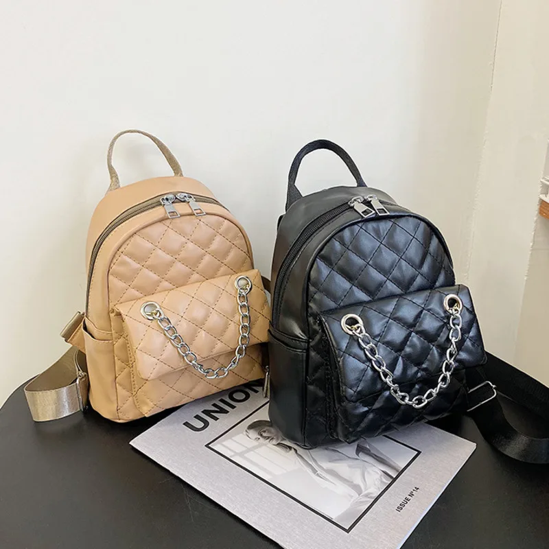 

Women Backpack 2022 New Trend Fashion Chain Diamond Lattice Grid Black PU Leather Luxury Designer Female Small Backpack