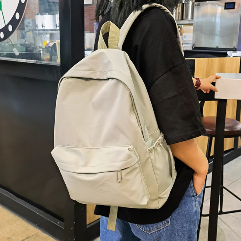 

Simple Solid Color Shoulder Backpacks Bookbags Nylon Large Capacity Travel Knapsacks Women Girls Student Daily Zipper Schoolbags