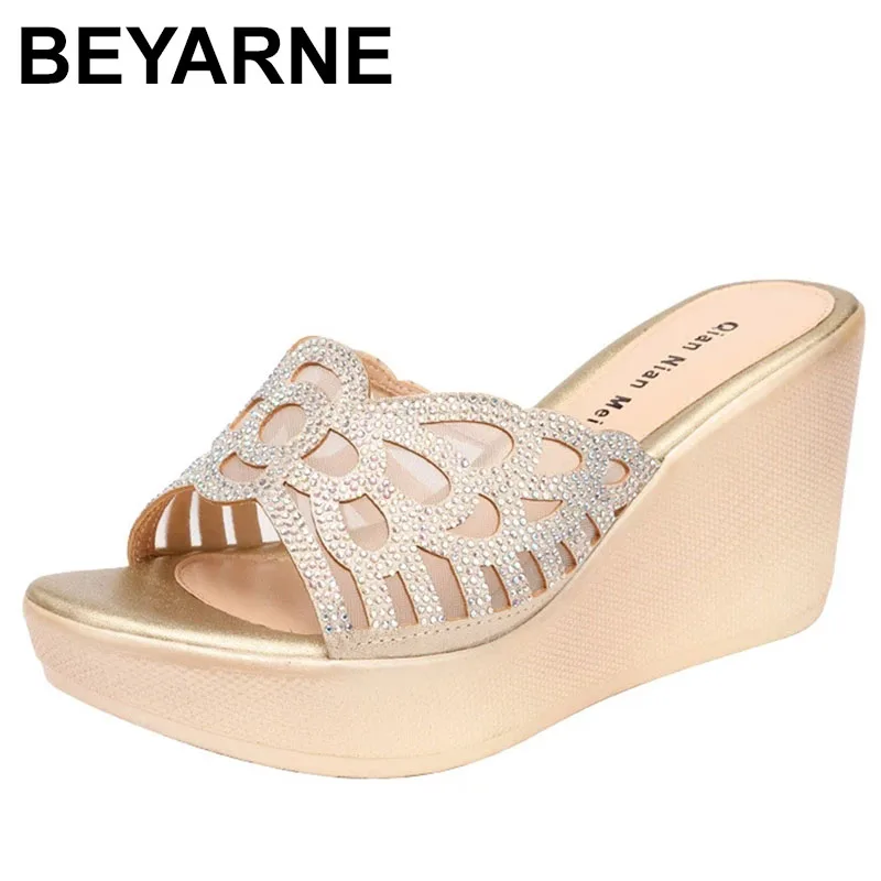

Small Size 34-43 Rhinestone Cutout Summer Platform Wedges Shoes Women Slippers 2023 Gold High Heels Slides for Office Daily
