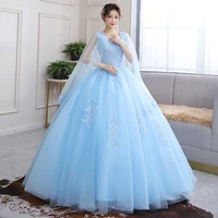 elegant light blue lace evening dress 2022 cape sleeves v neck dubai arabic kaftan prom dresses beaded vintage v neck sweet 15