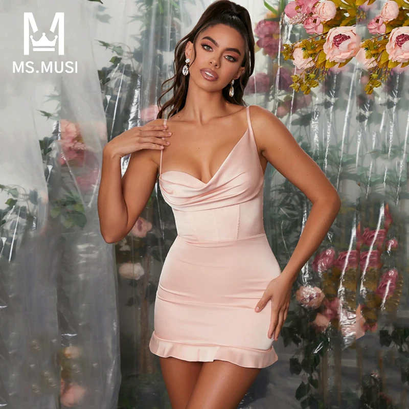 

Новинка 2022, модное женское сексуальное атласное мини-платье MSMUSI на бретелях без рукавов с драпировкой, открытой спиной и оборками