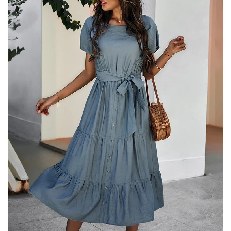 

Spring New Bandage Dress Women Casual Short Sleeve High Waist Dress For Women Elegant Slim Summer Dress