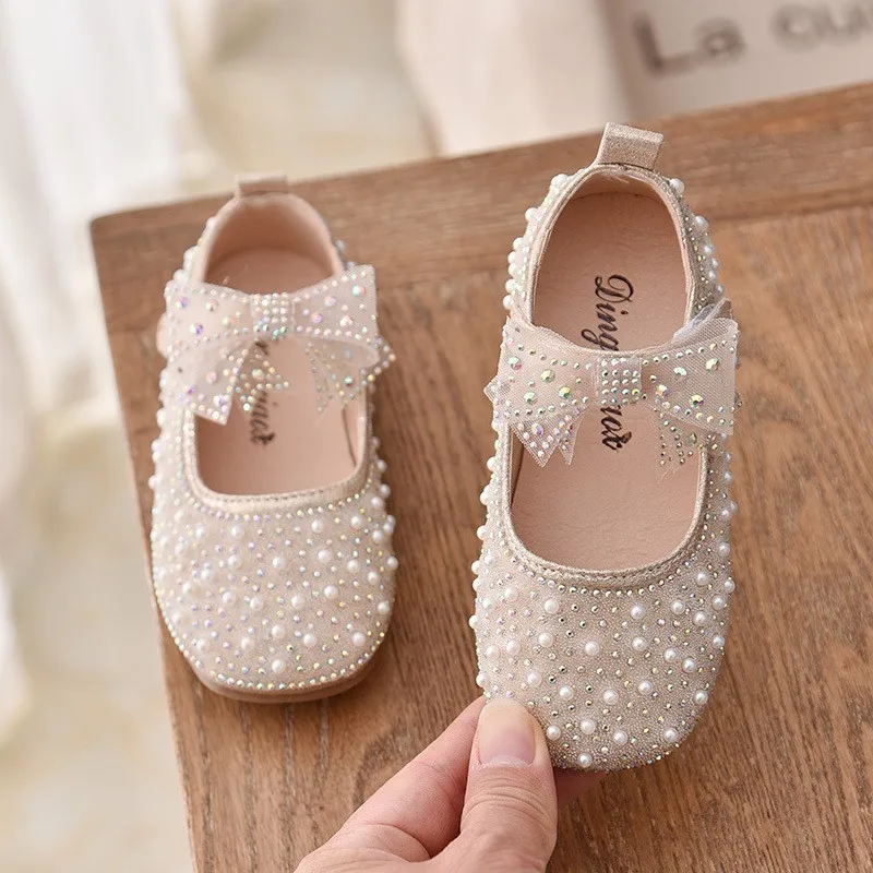 Girl's Princess Shoes Children's Fashion Bow Rhinestone Leather Kids Shoe 2022 New Baby Girls Party Student Flat Shoes