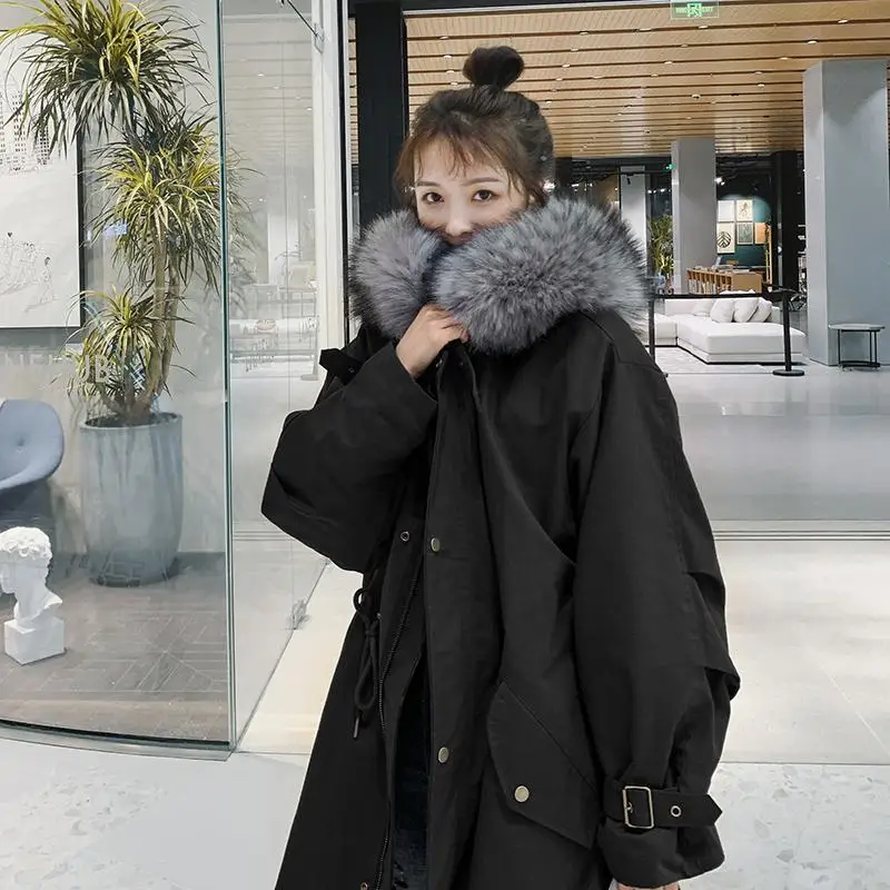 Winter Jacket Female Long Paragraph Big Hair Collar Thickened Cotton Jacket New Students Cotton Clothes Knee Cotton Jacket Tide