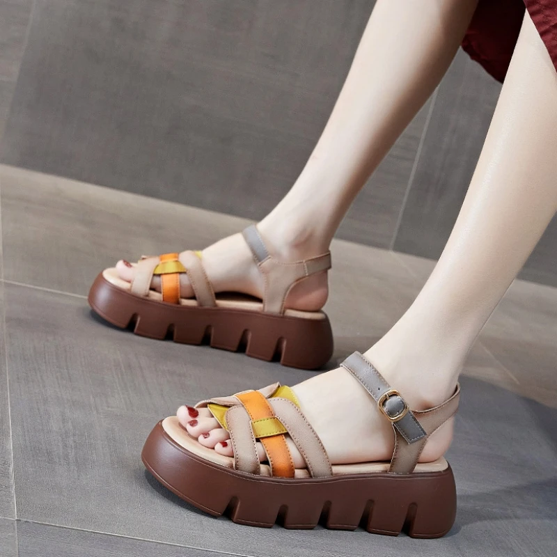 CICIYANG Roman Sandals for Women Genuine Leather Summer 2023 New Ladies Platform Wedge Flats Retro Woven Peep Toe Shoes Handmade