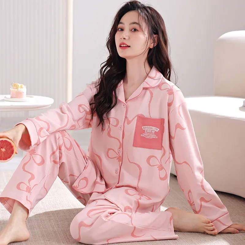 Женская осенне-зимняя вязаная хлопковая одежда для сна с длинными рукавами