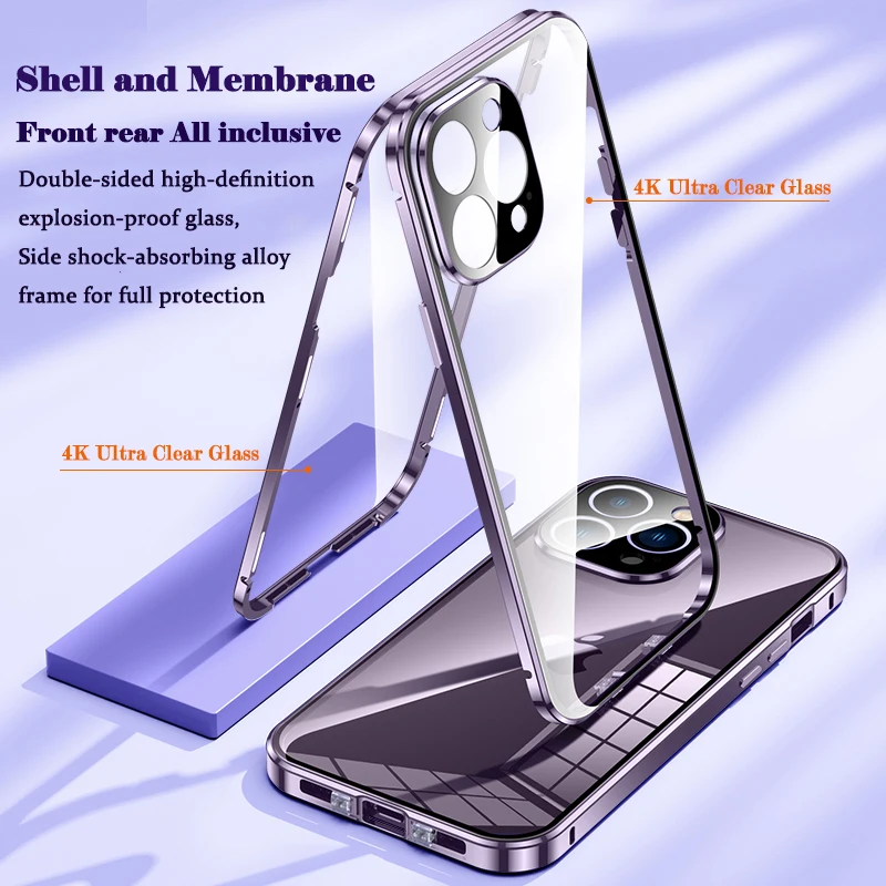 Magnetic Adsorption Metal Snap Lock Case For iPhone 14 13 12 11 Pro Max Double Sided Glass Shockproof Full Lens Protect Cover
