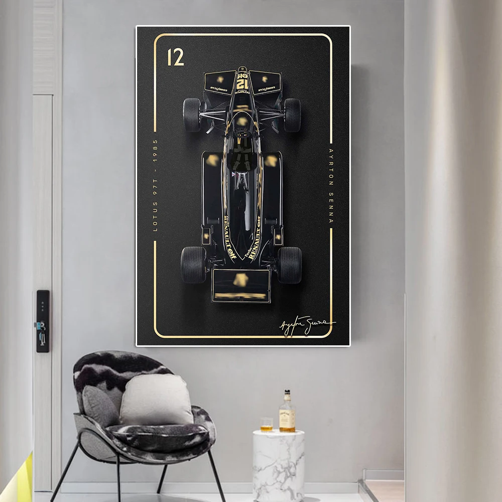 Обычный курс noire et dorée imprimée peinture sur toile de voiture course Senna gagnant du Grand Prix deco