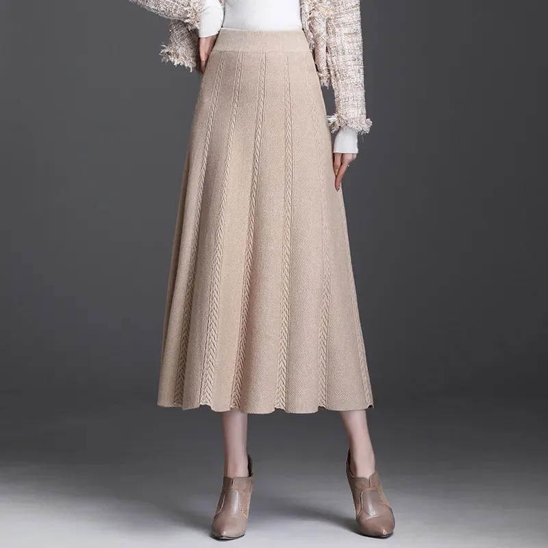

Lucyever 2022 Spring Knitted Skirts for Women Korean Fashion High Waist Midi Skirt Woman Vintage Brown A Line Long Skirts Female