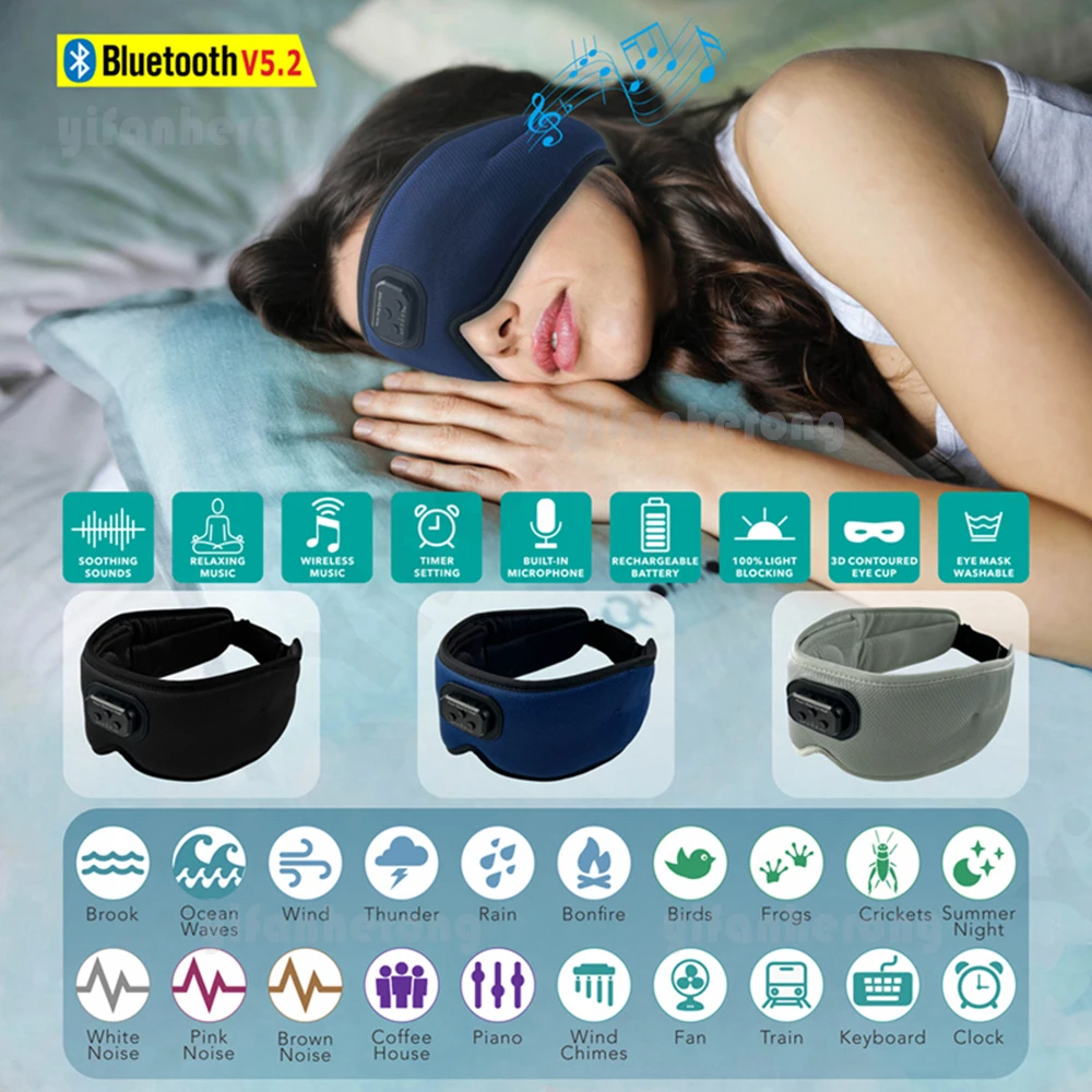 

Sleep Headphones White Noise Eye Mask Bluetooth-Compatible Silk Auto Shut Off 100% Light Blackout Sleeping Eye Covers